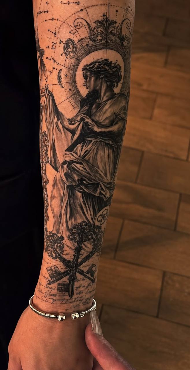Sacred figure black and grey realism forearm